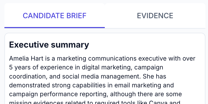 Candidate Brief tab showing an executive summary beside the Evidence tab