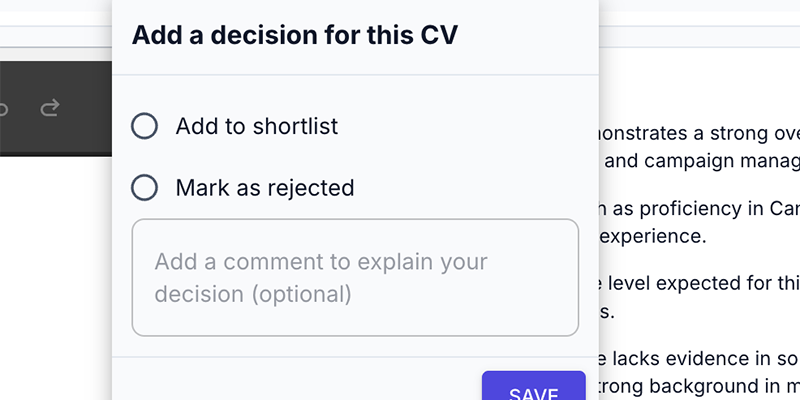 Decision dialog showing options to add a CV to the shortlist or mark it as rejected