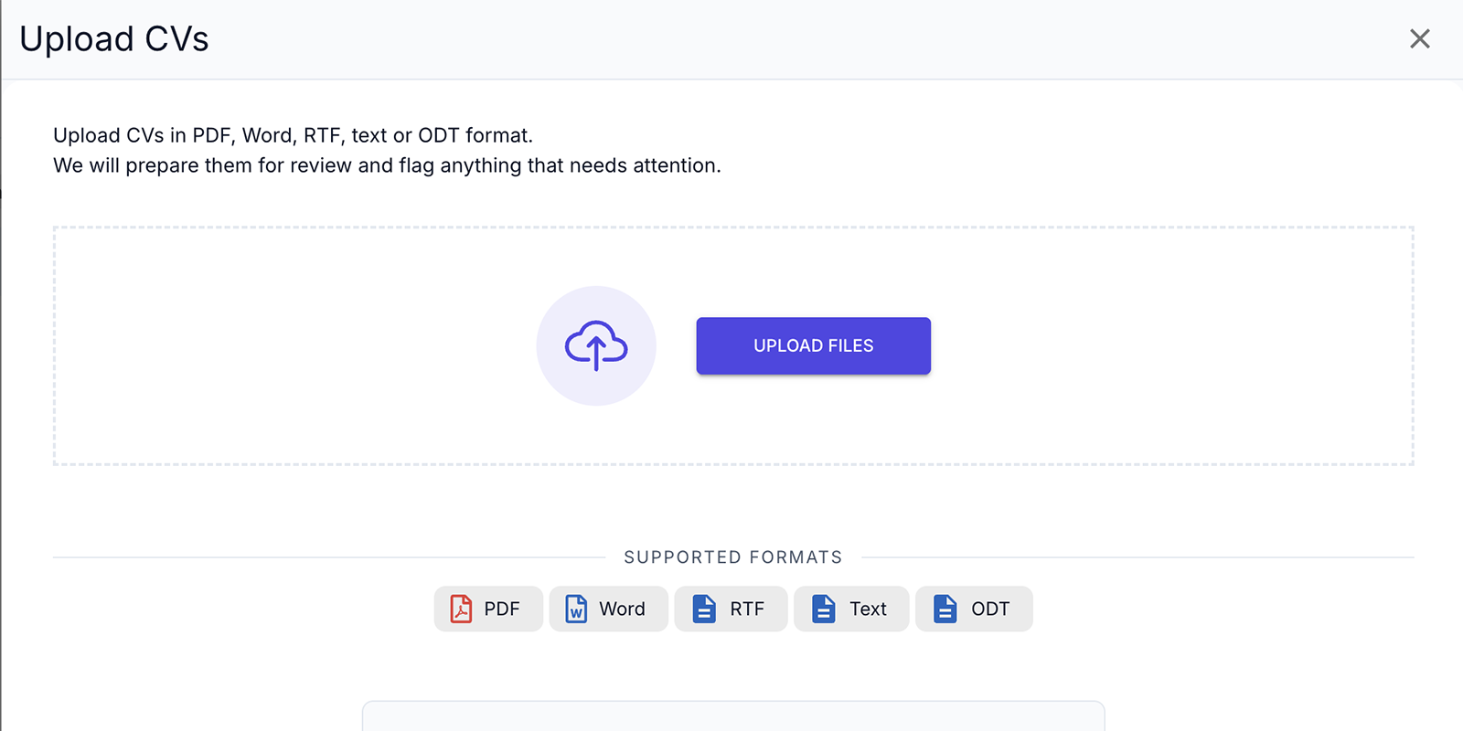 Upload CVs dialog showing supported file formats